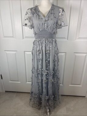 Boho Cottage core Silver Floral Embroidered  Maxi Dress MOB wedding evening✨